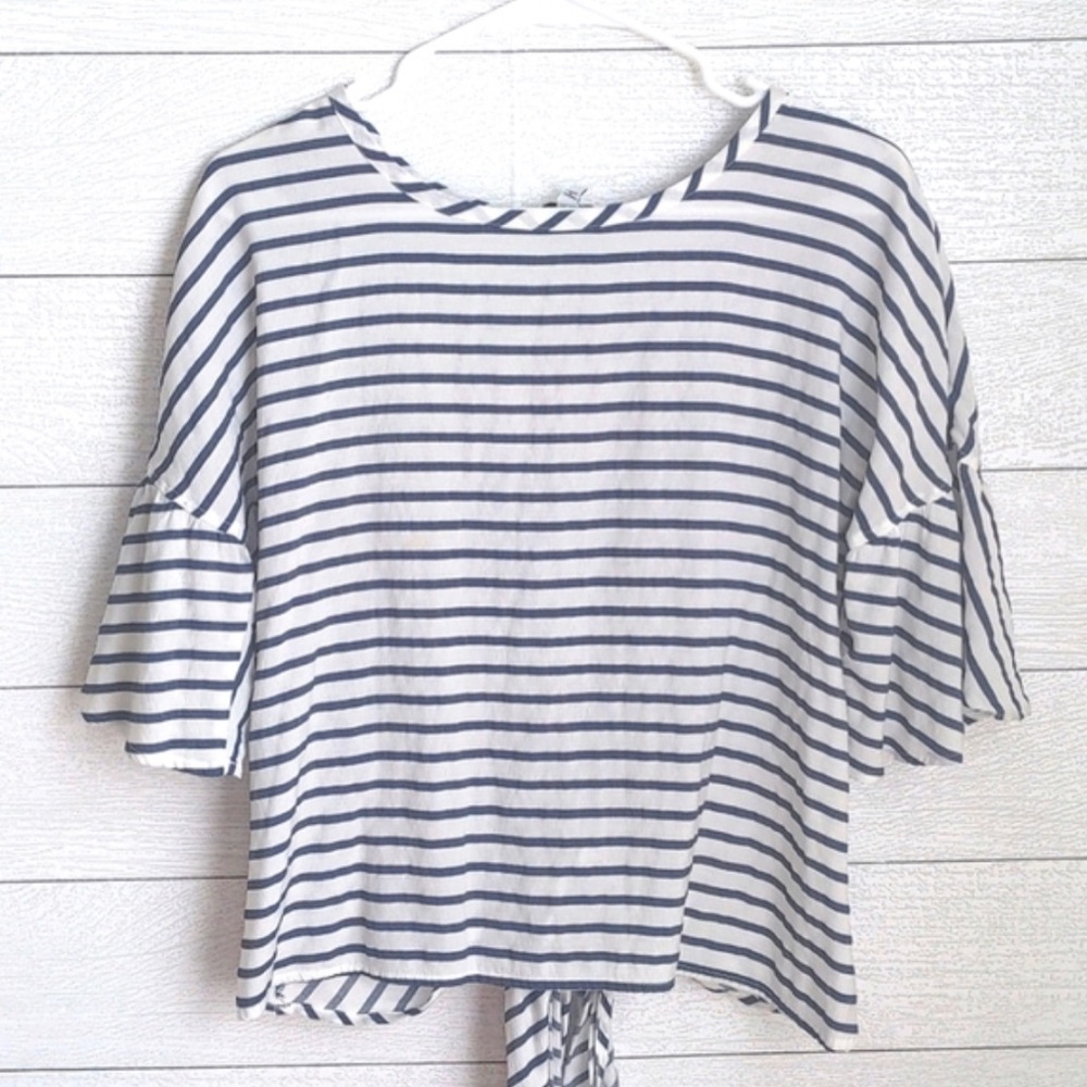 Express - White/Navy Striped Bell Sleeve Tie-Back Top